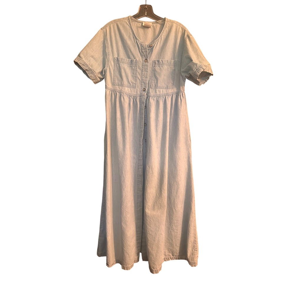 VODA Denim Button Front Maxi Dress Short Sleeve Light Wash Made‎ in USA Size 4
